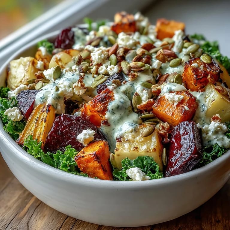 Caramelized root vegetables steaming softly in a rustic ceramic bowl featuring kale, crumbled feta, and pepitas for a hearty Winter Root Vegetable Bowl.