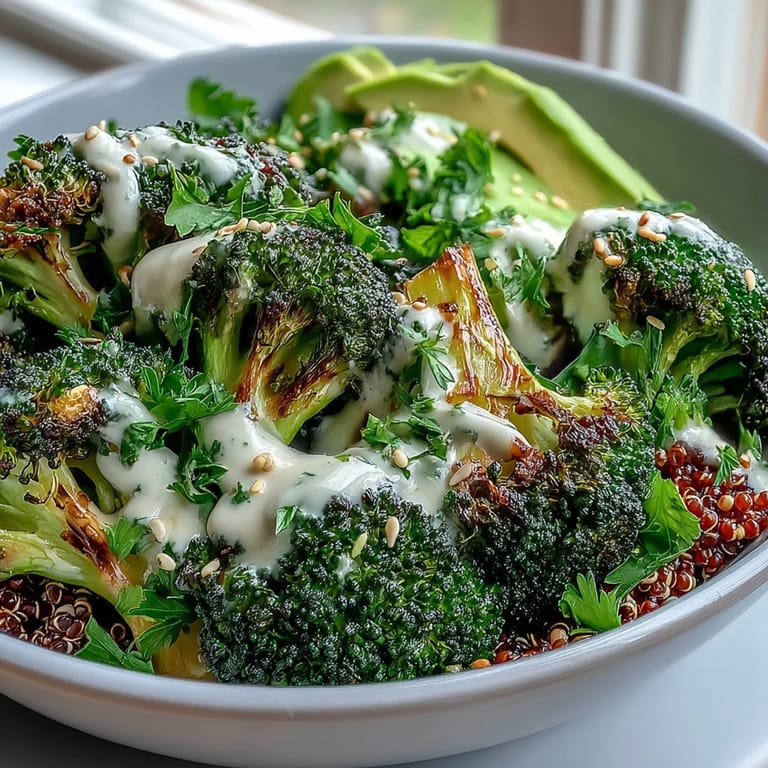 A vibrant Mediterranean-inspired Roasted Broccoli Bowl drizzled with creamy tahini sauce and lemon.