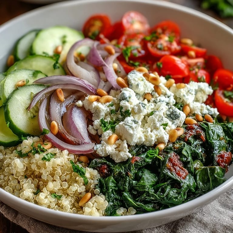 Close-up of a fresh Spinach and Feta Grain Bowl drizzled with lemon dressing and garnished with parsley.