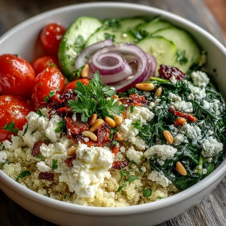 Fork-ready Spinach and Feta Grain Bowl topped with cherry tomatoes, cucumber, and red bell peppers.