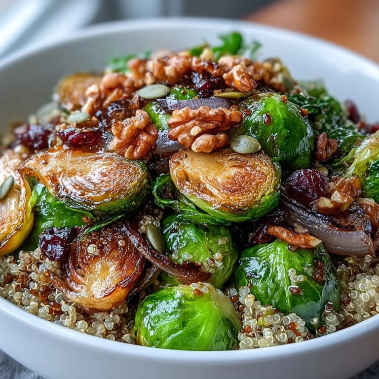 Warm roasted Brussels sprouts bowl with savory onions and sweet balsamic glaze, garnished with pecans and pepitas for a satisfying plant-based meal.