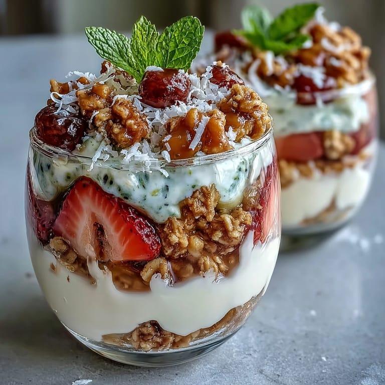Spoonfuls of tangy guava yogurt parfait topped with sliced strawberries, diced kiwi, and crunchy granola.