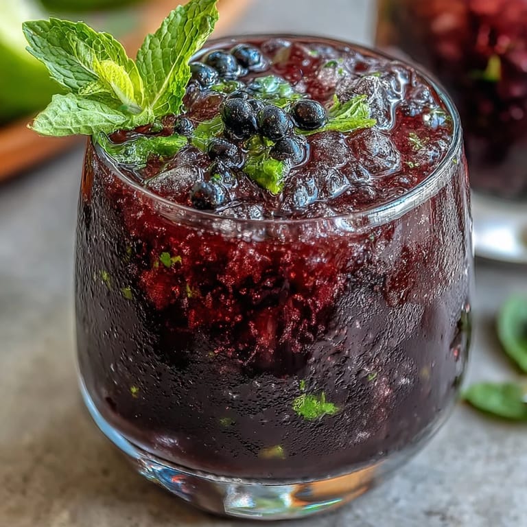 A refreshing Black Currant Mojito garnished with fresh mint and lime, set against a bright, summery outdoor background.