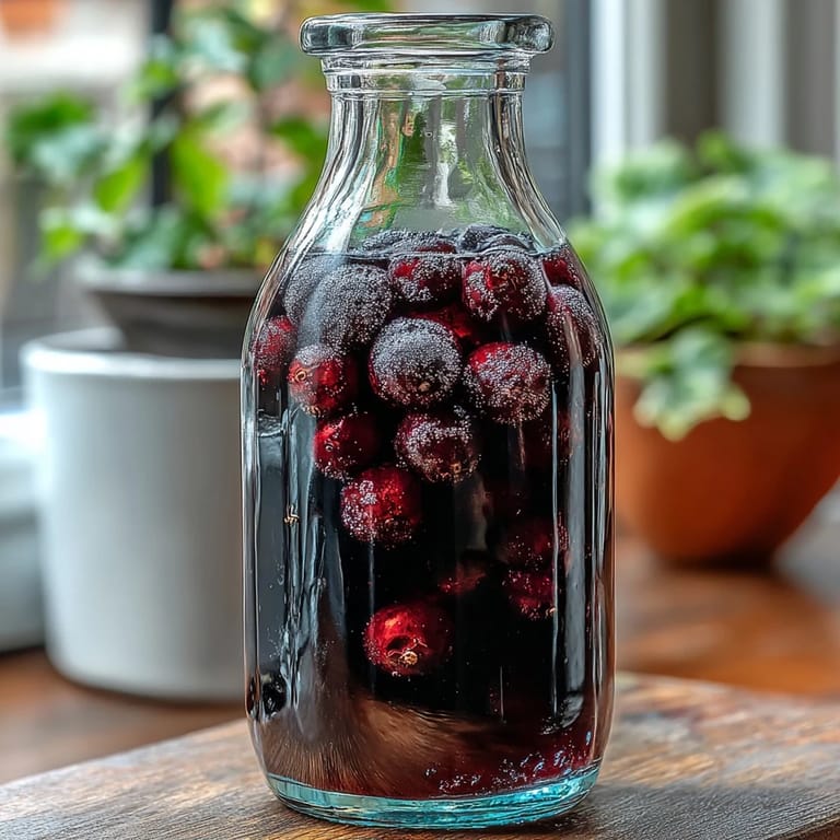 Homemade Blackcurrant Vodka Liqueur in a jar with whole berries and vodka, ready to begin the steeping process.