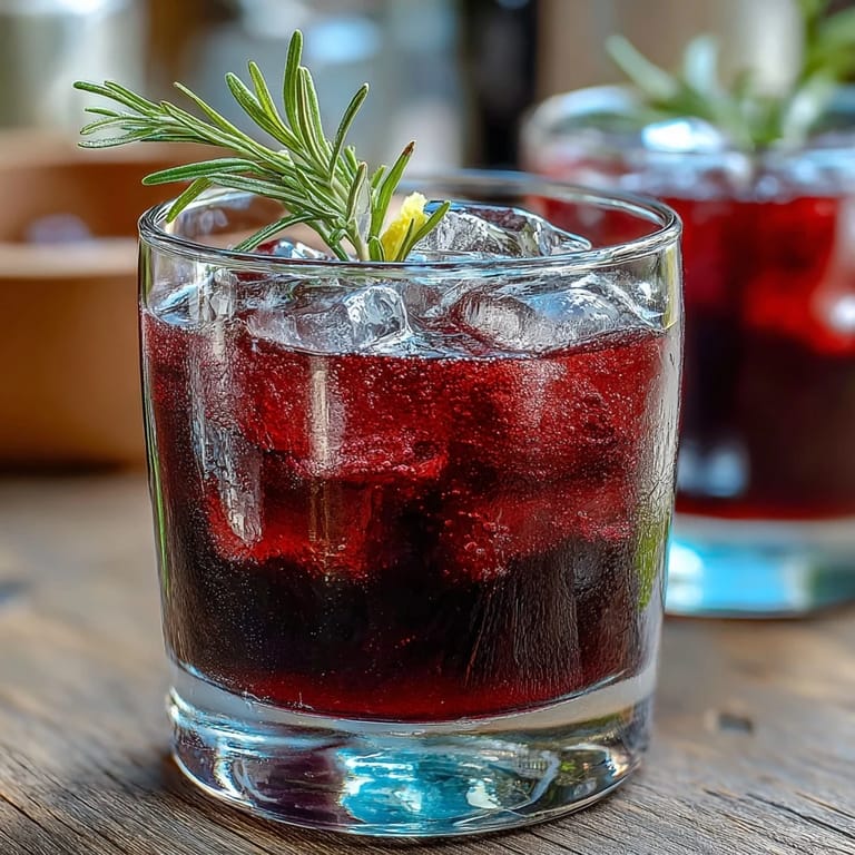 Close-up of the Black Currant Rosemary Cocktail over clear ice, showcasing its rich color and fragrant rosemary garnish.