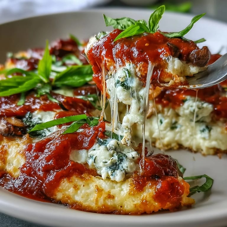 Golden melted cheese tops this hearty Cottage Cheese Pizza Bowl, packed with mushrooms and spinach for a low-carb dinner.