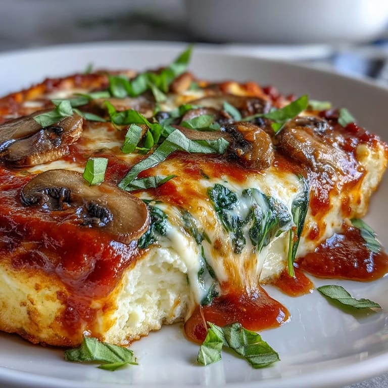 Healthy Cottage Cheese Pizza Bowl featuring creamy cottage cheese base, rich marinara, and optional fresh basil garnish on a plate.