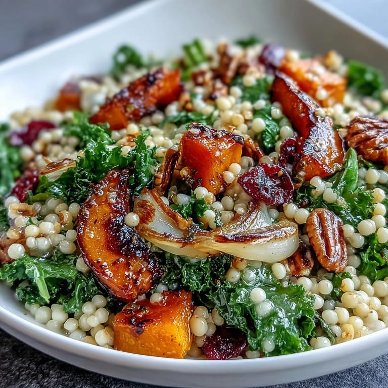 Festive autumn Pearl couscous salad with massaged kale, pecans, and dried cranberries, served in a rustic white ceramic bowl.