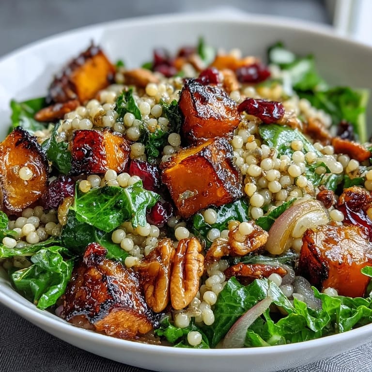 Healthy vegetarian Pearl couscous salad tossed with tangy honey-dijon dressing, vibrant red onions, and toasted pecans for a fall side.