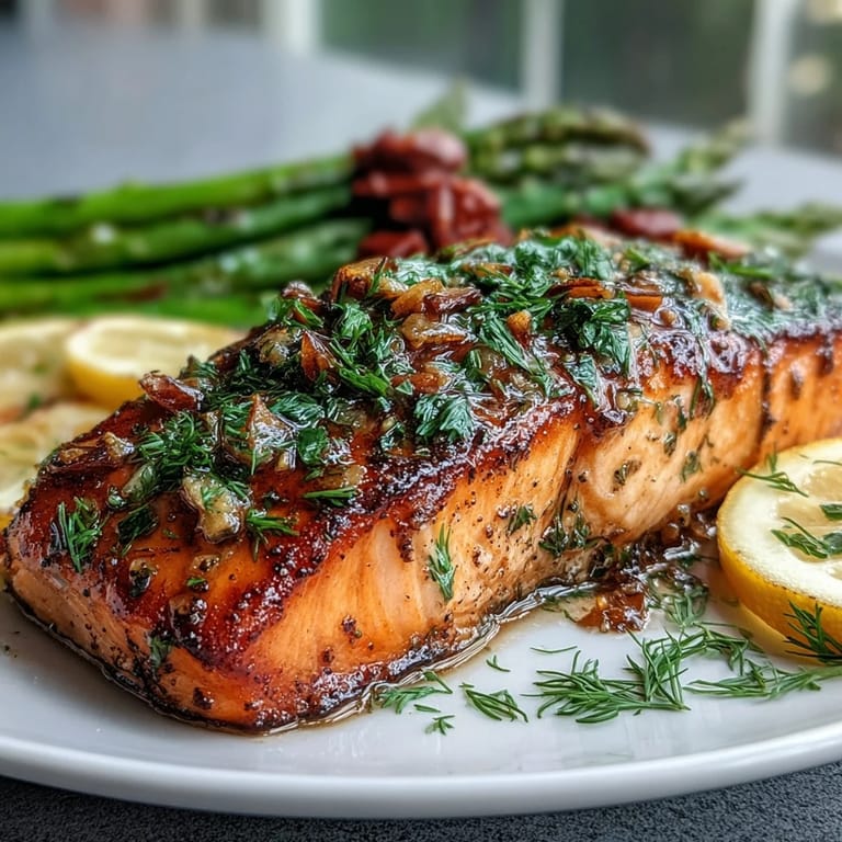 Golden-baked Marry Me Salmon fillets served with roasted asparagus and lemon slices on a plate.