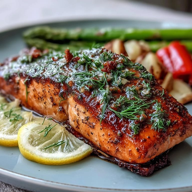 Flaky Marry Me Salmon brushed with garlic lemon marinade, garnished with fresh dill and cracked pepper.