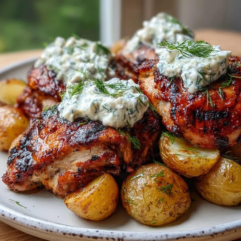 Golden Spicy Yogurt Marinated Chicken with Dill Feta Cream & Crispy Baby Potatoes plated with fresh dill and lemon wedges for garnish.