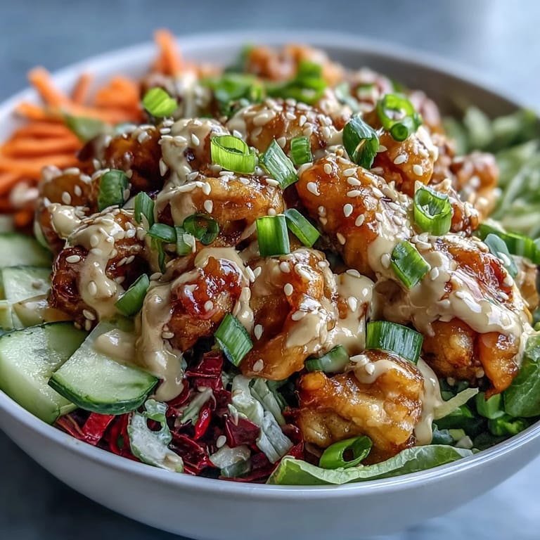 An overhead view of a Bang Bang Chicken Bowl with vibrant red cabbage, cilantro, and drizzled sauce.