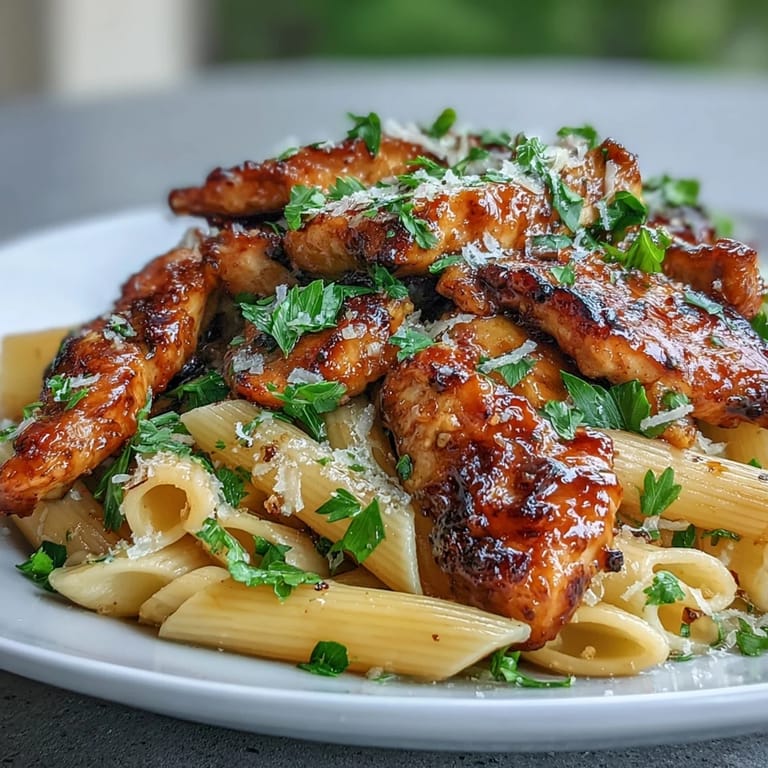 Steaming bowls of Honey Pepper Chicken Pasta showcase swirls of penne coated in glossy, sweet-spicy sauce, mingling with juicy chicken pieces. A light dusting of fresh parsley and grated Parmesan adds a vibrant, flavorful finish to this family-style meal.
