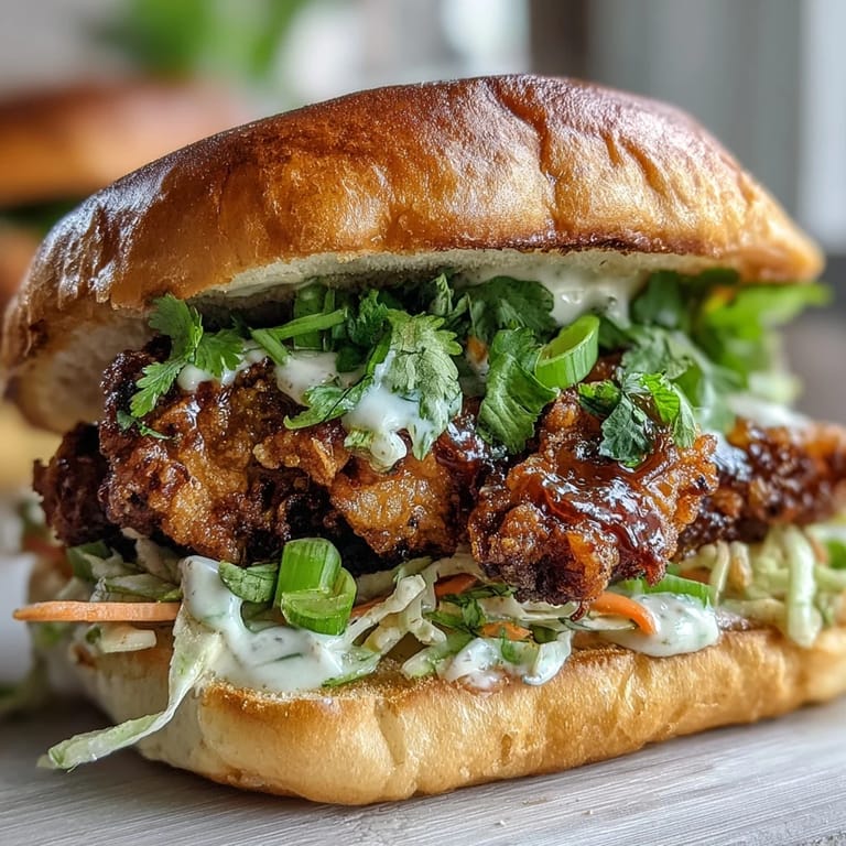 Sizzling Thai Fried Chicken Sandwich with spicy sriracha mayo, served hot with crunchy veggies.