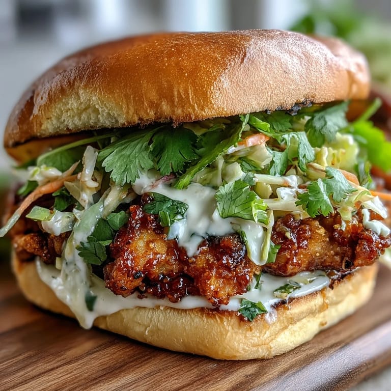 Thai Fried Chicken Sandwich stacked with crispy chicken, shredded cabbage, and tangy pickled carrots.