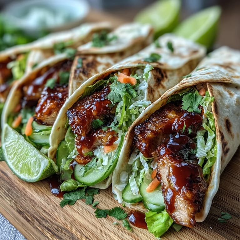 Golden browned chicken wrapped in a soft tortilla is topped with bright green cilantro and drizzled with extra sweet chili sauce. 