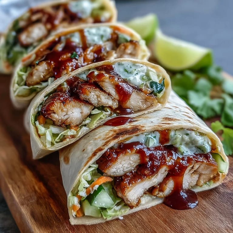 Assembled Sweet Chili Chicken Wraps garnished with fresh herbs and served alongside lime wedges for a zesty squeeze.