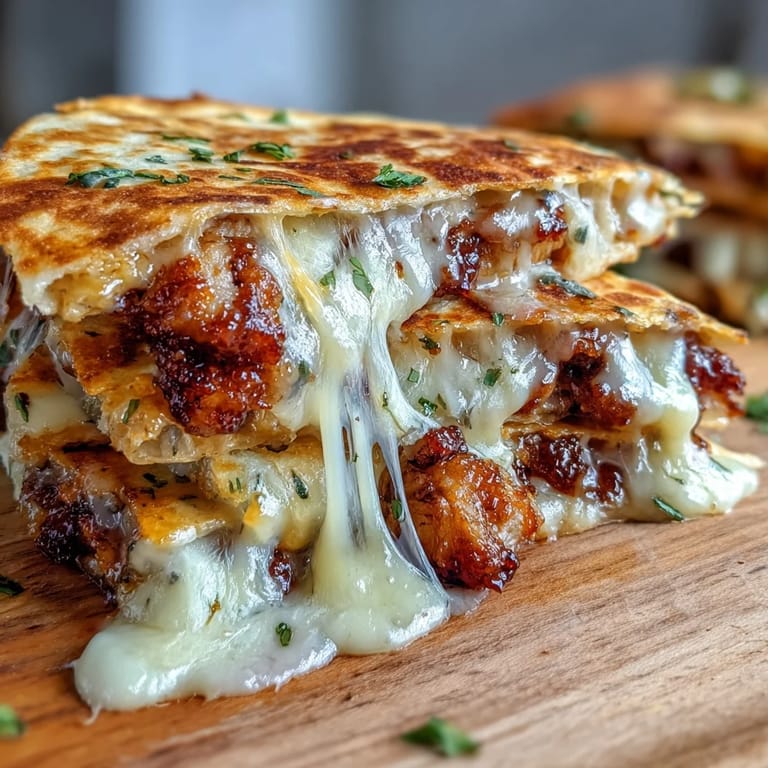 Close-up of Cheesy Hot Honey Chicken Quesadillas with creamy jalapeño sauce drizzle and fresh cilantro garnish.