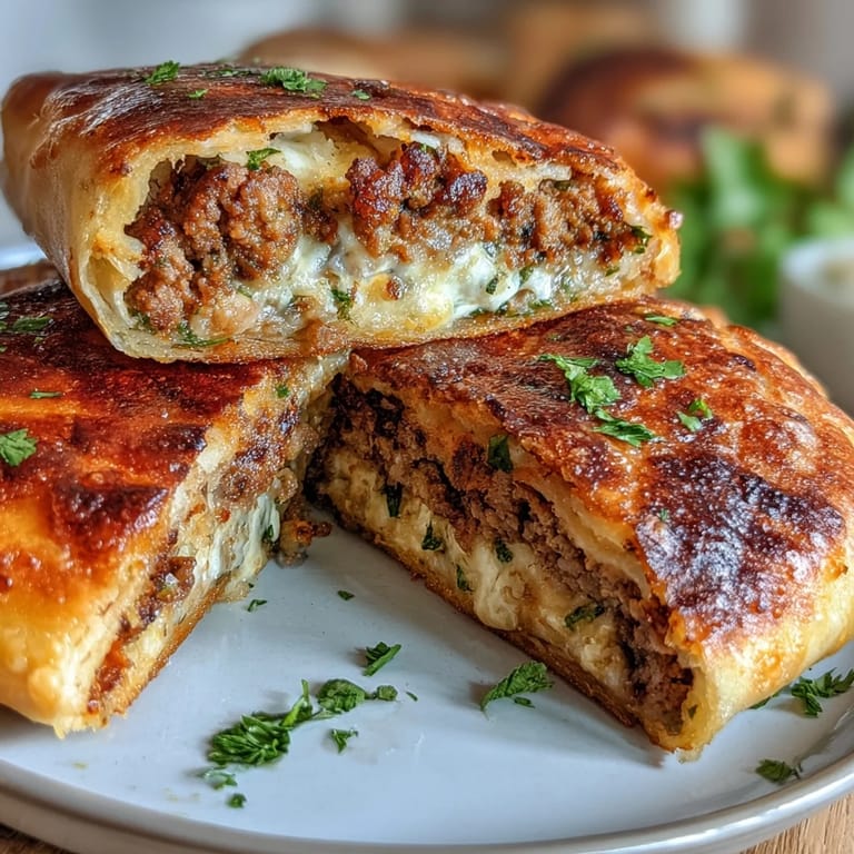Freshly grilled Lebanese Arayes on a plate, garnished with parsley, with a side of creamy tzatziki and lemon wedges.