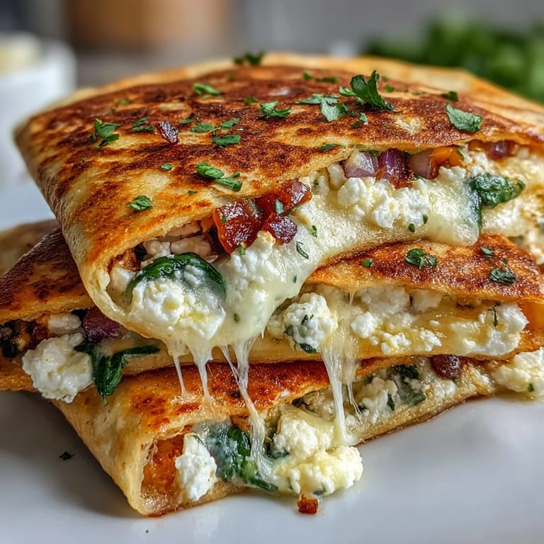 Warm vegetarian Mediterranean Quesadillas with wilted spinach and red onion, perfect for a quick lunch.