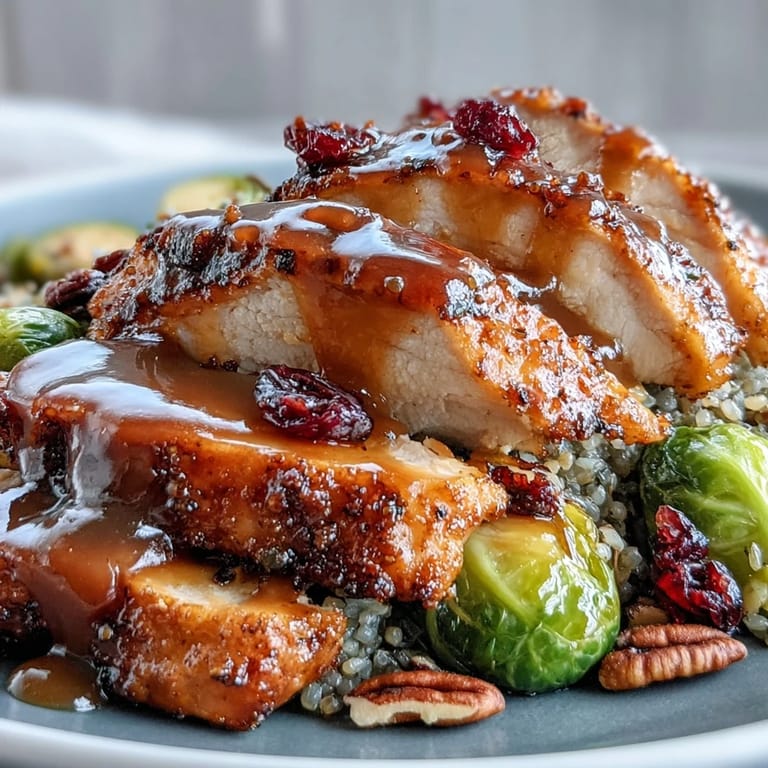 Meal prep ready Maple Dijon Chicken Sweet Potato Bowls with pecans and cranberries scattered over the wholesome dinner.