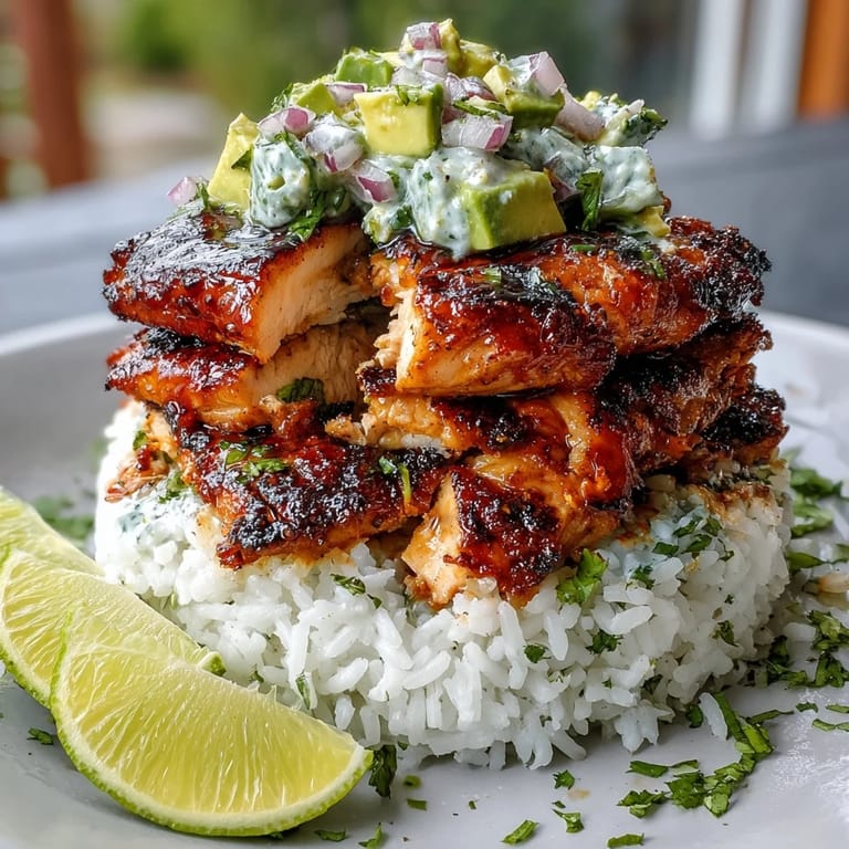 Golden, juicy chicken breasts marinated in honey and lime rest on fluffy rice, ready for a bright dinner.