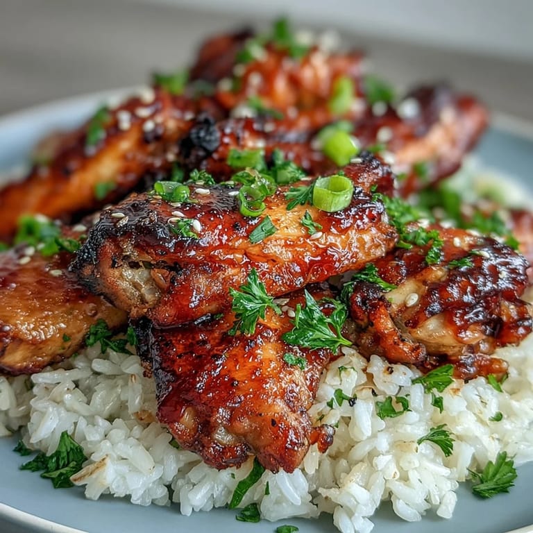 Golden brown Oven-Baked Honey Garlic Chicken Wings tossed in a rich sauce served alongside fluffy white rice.