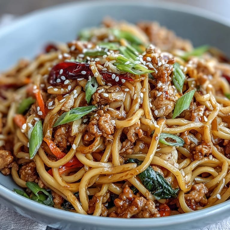 Savory Korean Turkey Fried Noodles served with chopsticks and a side of kimchi for a spicy kick.