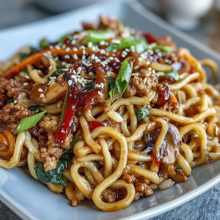 Steaming bowl of Korean Turkey Fried Noodles tossed with colorful veggies and topped with sesame seeds.