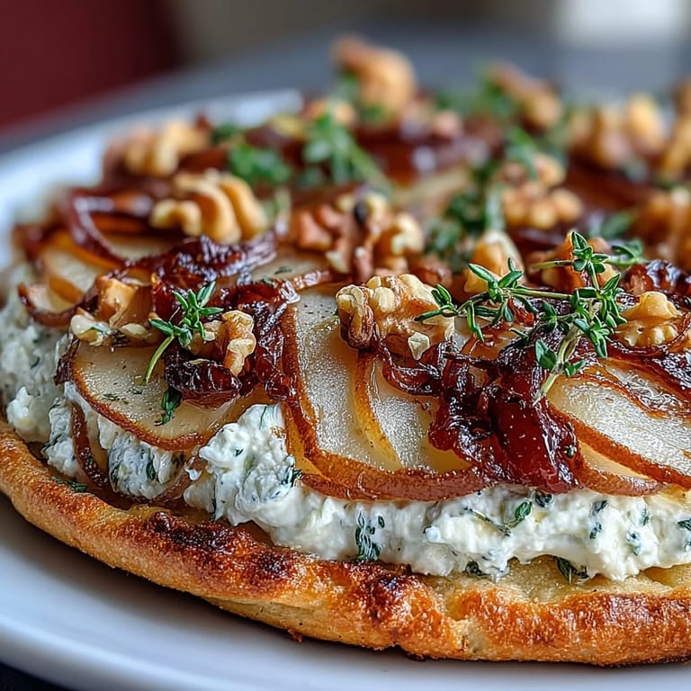 Goat Cheese & Pear Flatbread topped with sweet pear slices, thyme, and a generous drizzle of hot honey, ready to serve.