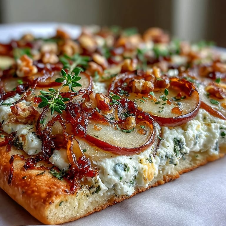Warm Goat Cheese & Pear Flatbread with caramelized onions and melted cheese, cut into wedges on a rustic platter.
