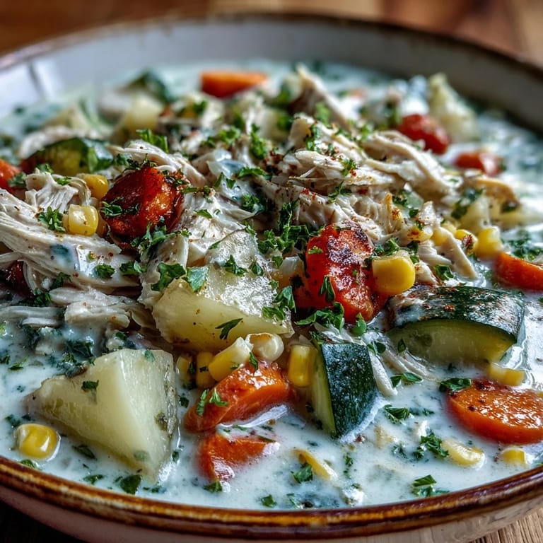 Family-style pot of Ranch Chicken Veggie Soup on a wooden table, featuring shredded chicken, corn, zucchini, and herbs.