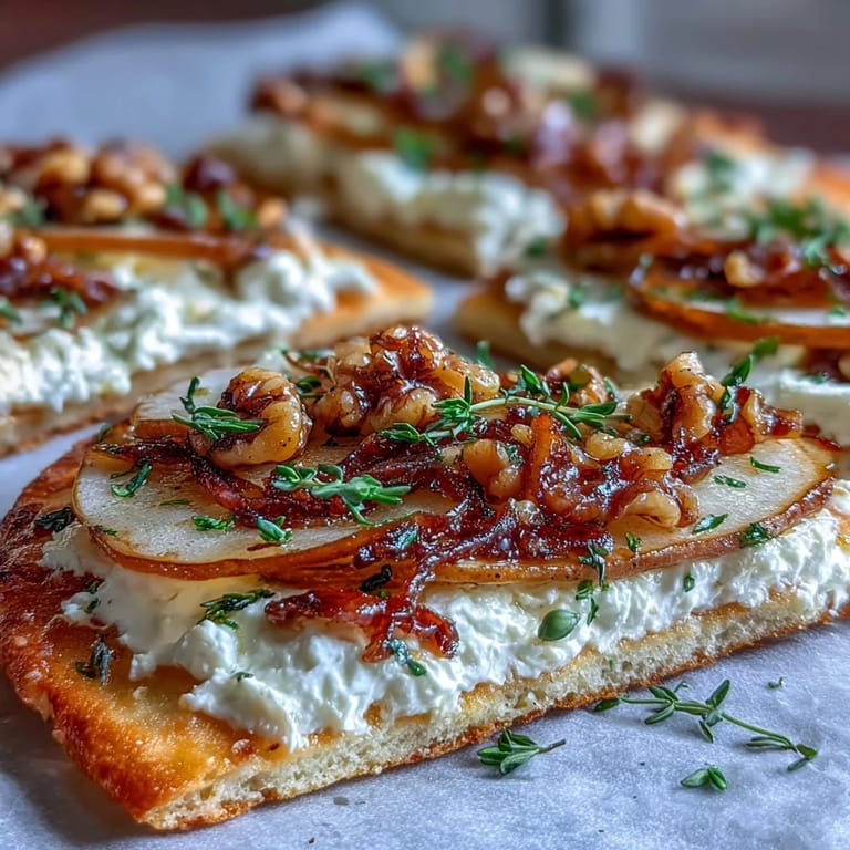 Overhead view of Goat Cheese & Pear Flatbread with hot honey, showcasing caramelized onions, toasted walnuts, and spicy golden drizzle for an easy appetizer.