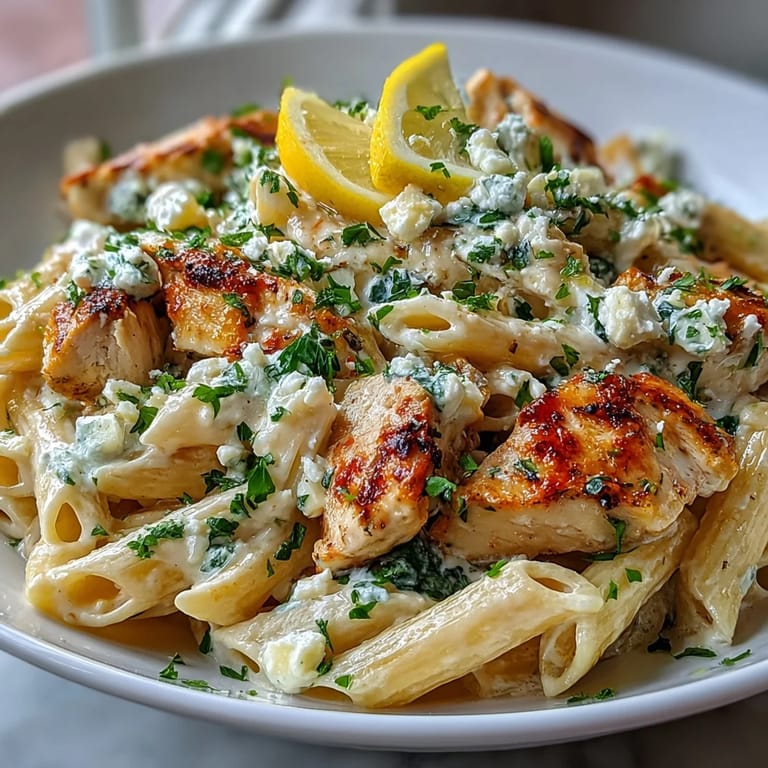 Vibrant Creamy Lemon Feta Chicken Pasta served in a shallow bowl, finished with grated Parmesan and a light drizzle of olive oil.