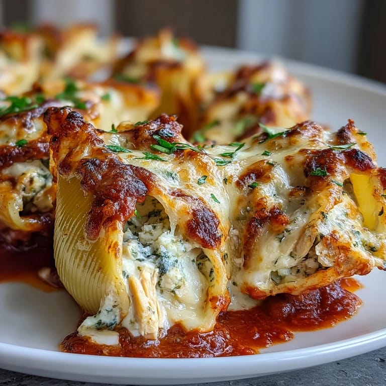 Hearty Pesto Lasagna Stuffed Shells with creamy ricotta and shredded chicken filling, ready to serve for dinner.