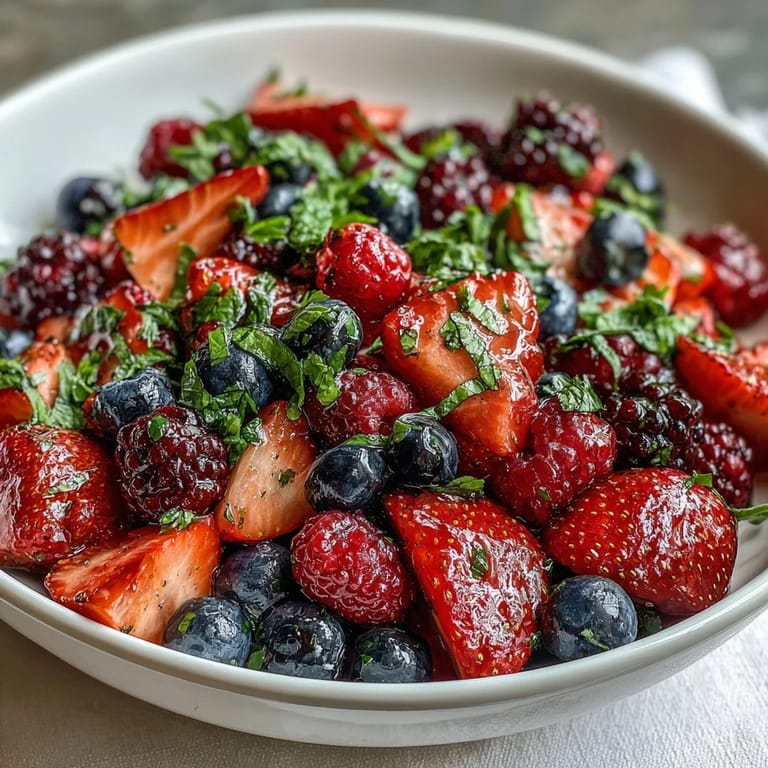 The Fresh Summer Berry Salad with Mint and Honey glistens with honey-lemon dressing on a rustic wooden table.