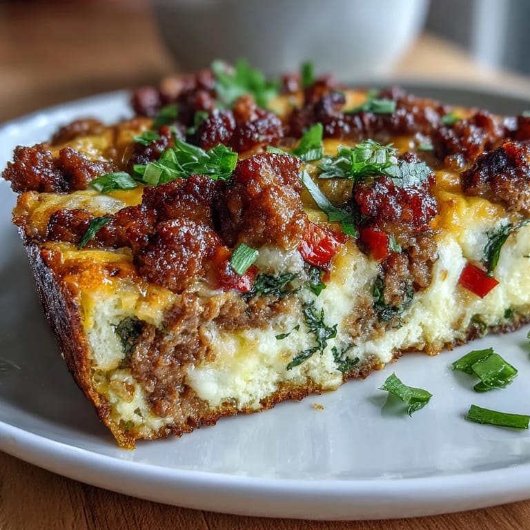 Sliced serving of Keto Sausage and Egg Breakfast Bake with Peppers showing juicy sausage crumbles and tender peppers on a white plate with parsley garnish.