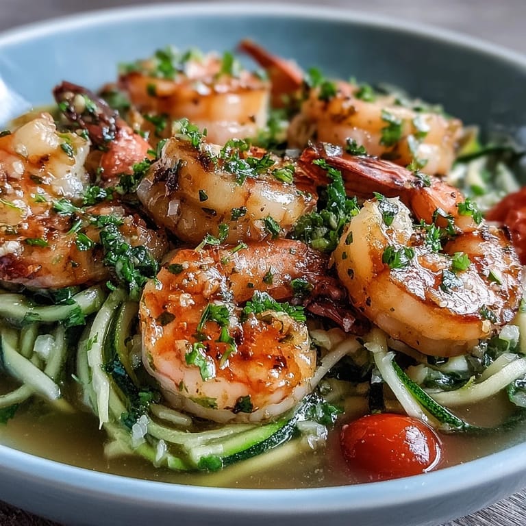 Healthy Skinny Shrimp Scampi with Zucchini Noodles served hot in a white bowl, topped with parsley and Parmesan.
