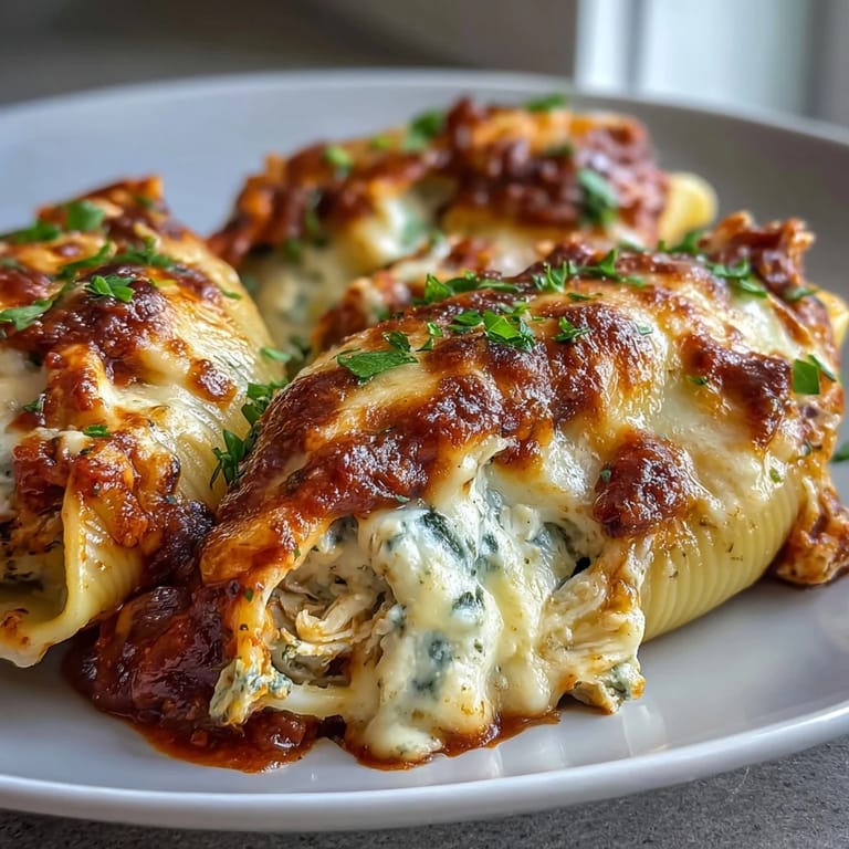 A close-up of creamy ricotta filled Pesto Lasagna Stuffed Shells in marinara sauce.