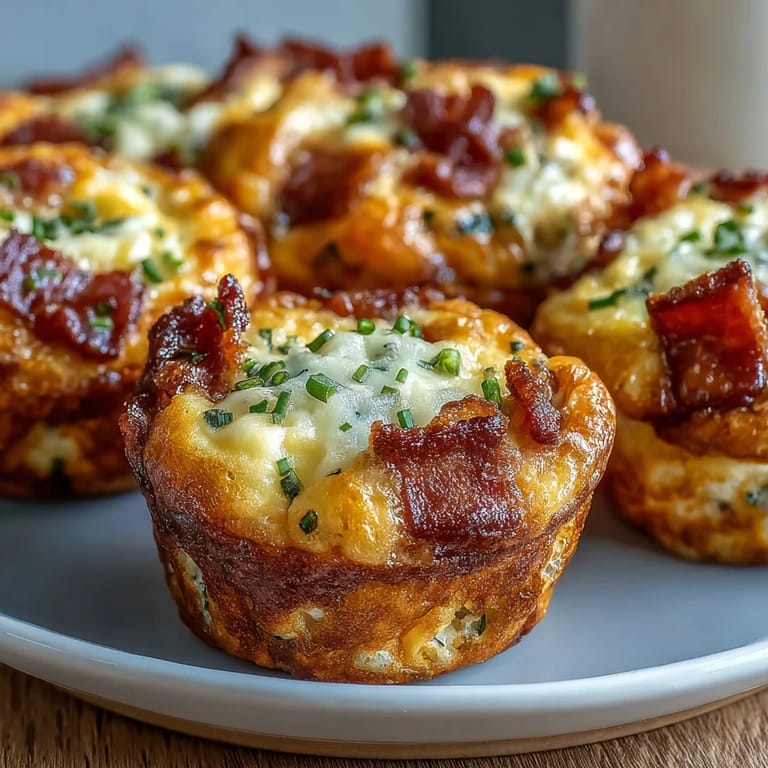 A close-up shows Ranch Bacon Breakfast Egg Bites overflowing with melted cheddar cheese and crispy bacon bits, perfect for an easy low-carb breakfast.