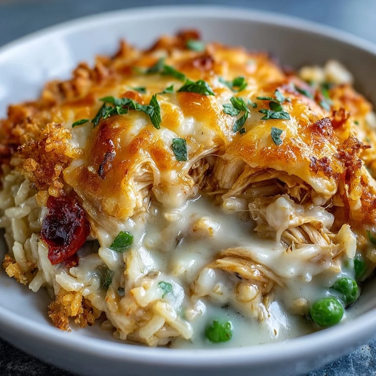 A hearty spoonful of Creamy Garlic Chicken & Rice Casserole reveals tender chicken, peas, and peppers in a velvety sauce.