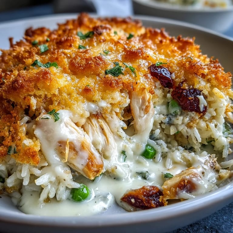 Served in a rustic dish, Creamy Garlic Chicken & Rice Casserole looks steamy and comforting next to a fresh salad.