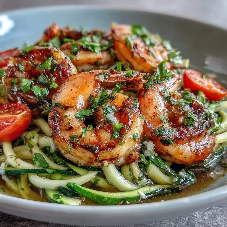 Tossing spiralized zucchini noodles with garlic and cherry tomatoes for this low-carb Skinny Shrimp Scampi recipe.