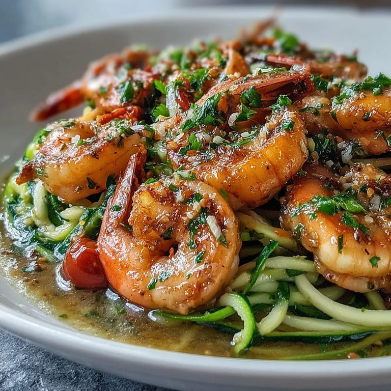 Healthy Skinny Shrimp Scampi with Zucchini Noodles served hot in a white bowl, topped with parsley and Parmesan.
