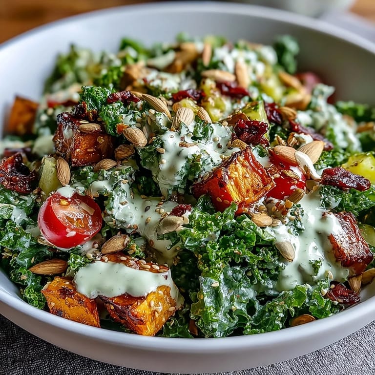 Wholesome kale salad bowl packed with roasted sweet potatoes, bell peppers, and seeds, topped with zesty lemon tahini dressing.  