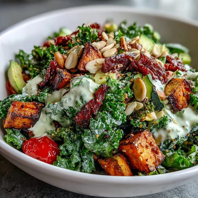 Colorful kale salad bowl featuring massaged greens, roasted veggies, crunchy nuts, and a drizzle of rich, creamy tahini dressing.
