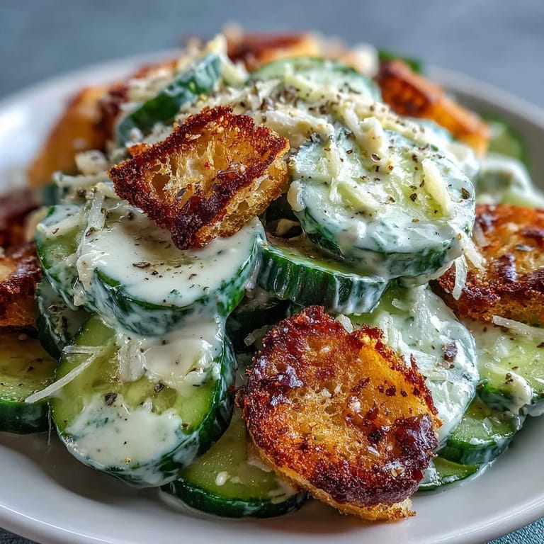 Fresh cucumber Caesar salad with Parmesan, lemon, and garlic, perfect for a light, refreshing side dish.  