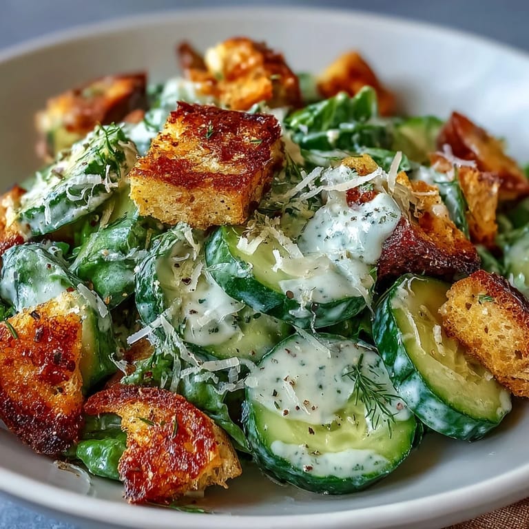 Hydrating cucumber salad featuring classic Caesar flavors, topped with homemade croutons and extra cheese.