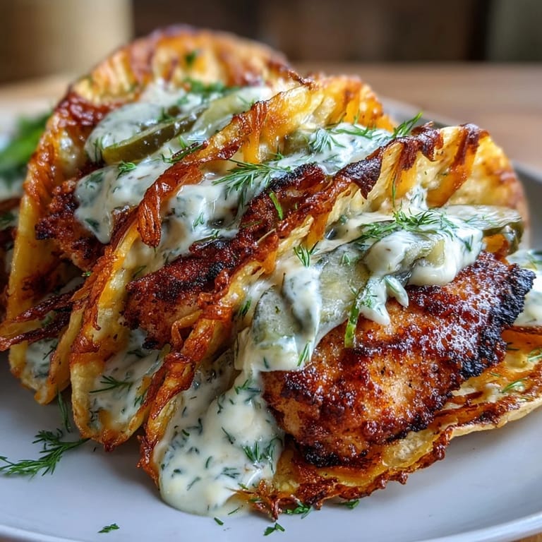 Ranch-infused chicken smashed thin and seared, served in cheesy tortillas with fresh dill pickles and crisp lettuce.